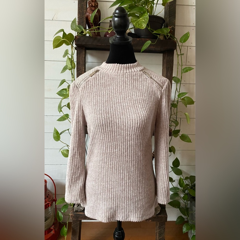 Olivia Blu: Cream Tan Soft Sweater with Zippers at Collar - Picture 16 of 17